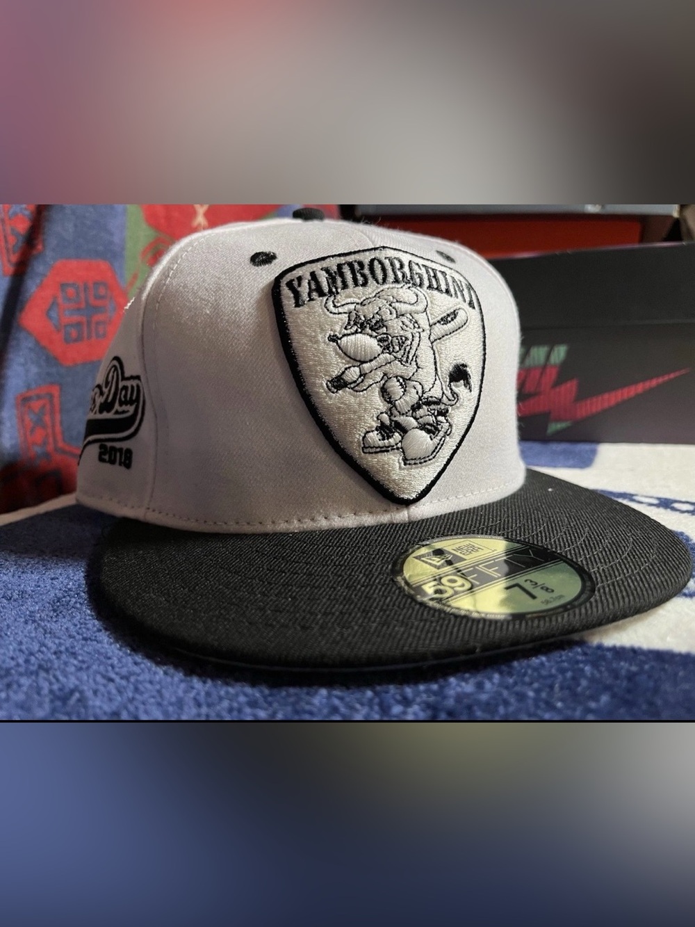 Yamborghini x New Era White Crown Black Brim fitted 7 3/8 asap yams rap hat